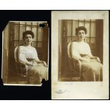 2 darab fotó, elegáns nő Csák (?) Ilonka karosszékben, az egyik fotón az „M. K. Honvéd Ludovika Akadémia Parancsnokság” bélyegző,  monarchia, , 1909, 1900-as évek, Eredeti fotók, hátulján feliratozott, bélyegzővel ellátott, aláírt papírképek.   