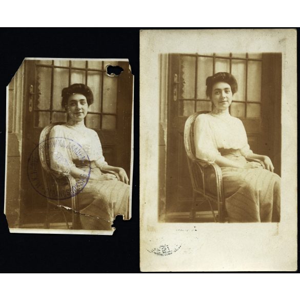 2 darab fotó, elegáns nő Csák (?) Ilonka karosszékben, az egyik fotón az „M. K. Honvéd Ludovika Akadémia Parancsnokság” bélyegző,  monarchia, , 1909, 1900-as évek, Eredeti fotók, hátulján feliratozott, bélyegzővel ellátott, aláírt papírképek.   