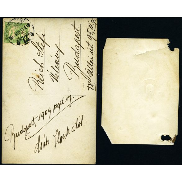 2 darab fotó, elegáns nő Csák (?) Ilonka karosszékben, az egyik fotón az „M. K. Honvéd Ludovika Akadémia Parancsnokság” bélyegző,  monarchia, , 1909, 1900-as évek, Eredeti fotók, hátulján feliratozott, bélyegzővel ellátott, aláírt papírképek.   