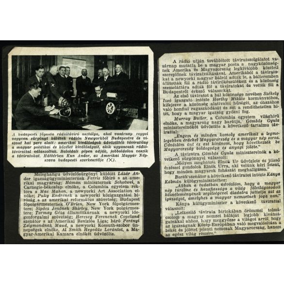 Nagyobb méret, Budapesti Főposta Rádiótávíró Osztály, rádiótávíró bemutatása, a fotón Kun Andor az Amerikai Magyar Népszava szerkesztője, sajtó, távközlés,  Horthy-korszak, 1930-as évek, Eredeti fotó, kartonra kasírozott papírkép + az eseményről tudó