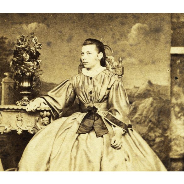 Louis Henri műterme, Pozsony (Pressburg), Felvidék, elegáns nő gyönyörű ruhában, különös festett háttér, portré, 1860-as évek, Eredeti CDV, korai vizitkártya fotó, ritka műterem, felszíne foltos. 