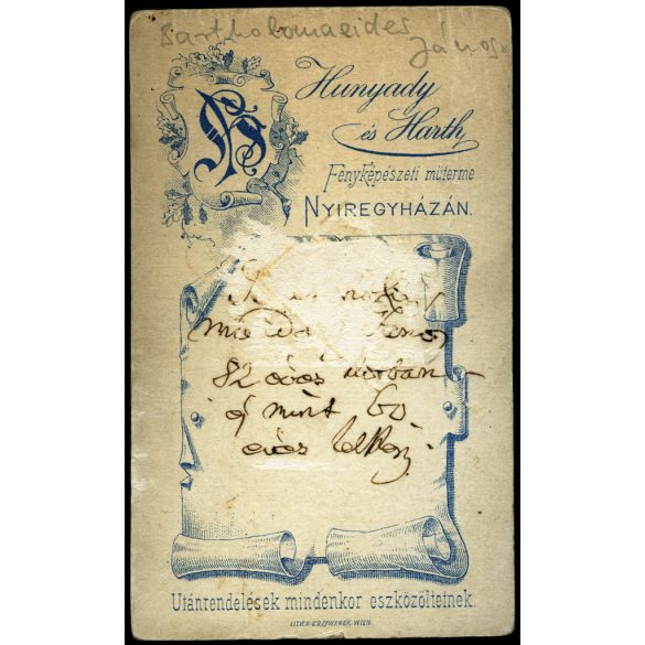 Hunyady és Harth műterem, Nyíregyháza, Bartholomaeides János evangélikus lelkész portréja, egyház, vallás, magyaros ruha, 1880-as évek, Eredeti CDV, vizitkártya fotó, hátulja sérült.  