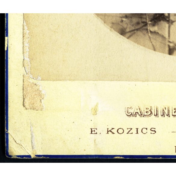 Kozics Ede műterme, Pozsony (Pressburg), Felvidék, Gilebert Etelka portréja, elegáns karcsú nő gyönyörű frizurával, copf, helytörténet, monarchia, 1870-es évek, Eredeti dombornyomott kabinetfotó, felülete sérült, hátulja feliratozott. 