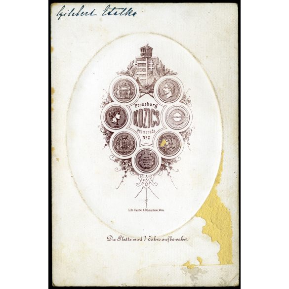 Kozics Ede műterme, Pozsony (Pressburg), Felvidék, Gilebert Etelka portréja, elegáns karcsú nő gyönyörű frizurával, copf, helytörténet, monarchia, 1870-es évek, Eredeti dombornyomott kabinetfotó, felülete sérült, hátulja feliratozott. 