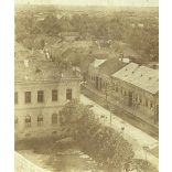 Részlet a görög-katolikus templom tornyából. Munkács, „felvette Bertalan Tibor”, főgimnáziumi internátus, házak, utcák, helytörténet, monarchia, 1904, 1900-as évek, Eredeti hátulján feliratozott kabinetfotó, alja vágott.