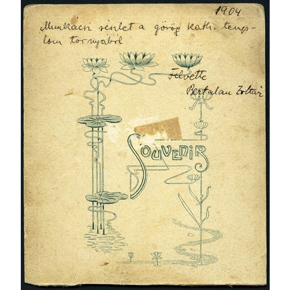 Részlet a görög-katolikus templom tornyából. Munkács, „felvette Bertalan Tibor”, főgimnáziumi internátus, házak, utcák, helytörténet, monarchia, 1904, 1900-as évek, Eredeti hátulján feliratozott kabinetfotó, alja vágott.