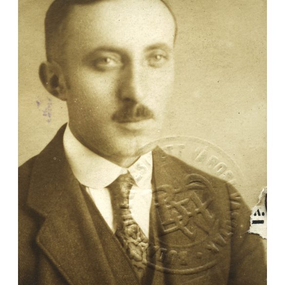 BEVV arcképes igazolvány, Budapest, 1920-as évek, elegáns bajuszos férfi, Budapesti egyesült villamos vasutak, közlekedés, Horthy-korszak, Eredeti fotós igazolvány, bérlet eredeti tokjában, mélynyomó szárazbélyegzővel jelzett.  