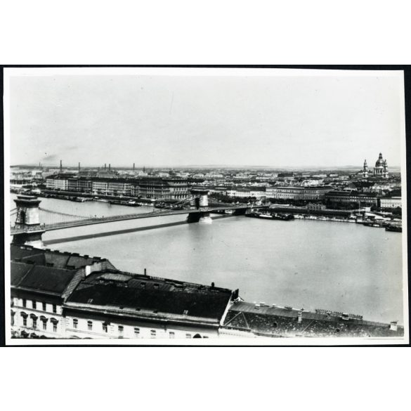 1930-as évekbeli nagyítás, Lánchíd a Dunával, Budapest, Belváros, 5. kerület, Bazilika, pesti rakpart, raktárépületek, Lipótváros, Gresham-palota, helytörténet, monarchia, 1900-as évek, Eredeti fotó, gyönyörű részletgazdag papírkép, amit az 1930-as é