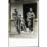 Tábori posta 622, Virágh János (1. honvéd gyalogezred), feleségének, magyar katonák kutyával, egyenruha, 1. világháború, katona, monarchia, 1917. VI. 7., 1910-es évek, Eredeti fotó, papírkép, hátulján feliratozott Tábori posta. 