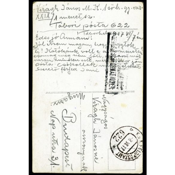Tábori posta 622, Virágh János (1. honvéd gyalogezred), feleségének, magyar katonák kutyával, egyenruha, 1. világháború, katona, monarchia, 1917. VI. 7., 1910-es évek, Eredeti fotó, papírkép, hátulján feliratozott Tábori posta. 
