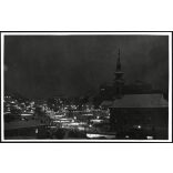 Szendrő István nagyobb méretű jelzett fotója. Este a Tabánban, Budapest, Rác templom, villamos, jármű, közlekedés, Tabán, 1930-as évek, Eredeti pecséttel jelzett fotó, ritka esti felvétel. 