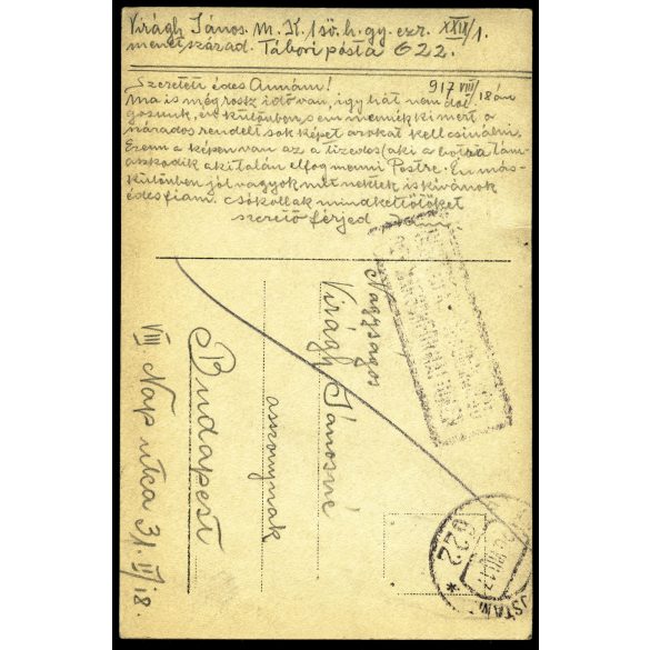 Tábori posta 622, Virágh János (1. honvéd gyalogezred), feleségének, magyar katonák, egyenruha, 1. világháború, katona, monarchia, 1917. VIII. 18., 1910-es évek, Eredeti fotó, papírkép, hátulján feliratozott Tábori posta.  