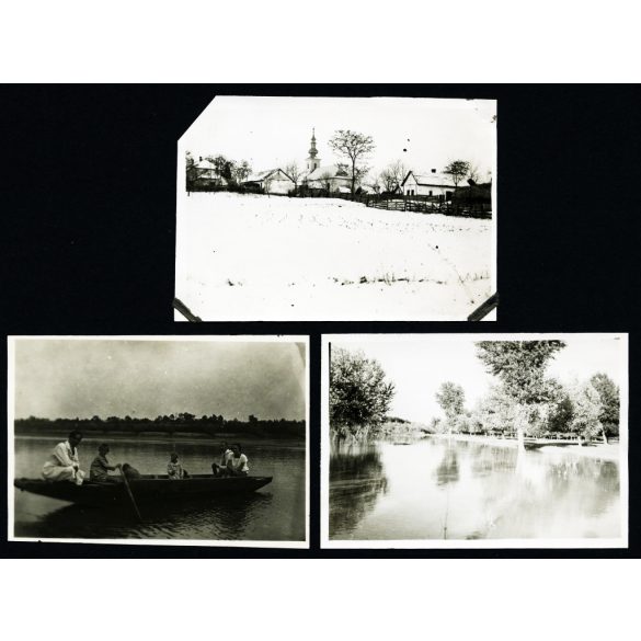 3 darab fotó, Falurészlet, Vezseny, Jász-Nagykun-Szolnok megye, Tisza, csónak, helytörténet, Horthy-korszak, 1930-as évek, Eredeti fotó, papírkép. 