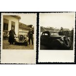 2 darab fotó. Magyar egyházi méltóság Skoda Popular autóval, Felvidék, pap, csehszlovák rendszám, személygépkocsi, jármű, közlekedés, egyház, vallás, 1930-as évek, Horthy-korszak, Eredeti fotó, papírkép. 