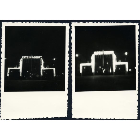 2 darab fotó. Díszkapu „Isten hozott” felirattal, Kassa, Felvidék, bevonulás, 2. világháború, 1938, 1930-as évek, Horthy-korszak, Eredeti fotó, papírkép, ritka esti felvételek. 