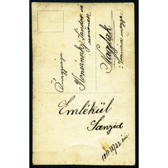 Császári és Királyi légierő, magyar katona karórával, egyenruhában, légjáró csapat tizedes, , szakáll, Nagylakra (Erdély), Konsánszky Sándorné úrnőnek címezve, 1. világháború, 1917, 1910-es évek, monarchia, Eredeti fotó, hátulján feliratozott papírké