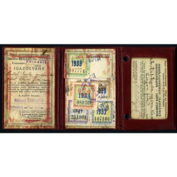 MÁV arcképes igazolvány, Antal Gyula Lajos fia részére, bélyegekkel, közlekedés, vasút, vonat, Horthy-korszak, 1930-as évek, monarchia, Eredeti arcképes igazolvány fotóval.  