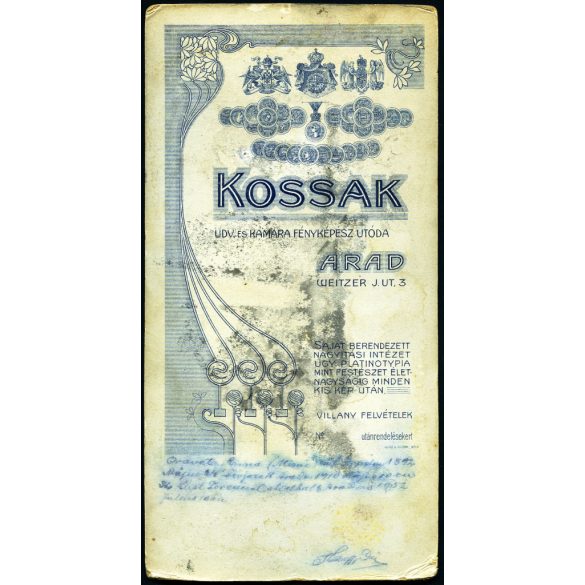 Nagyobb méret, Kossak utóda műterem, Arad (Erdély), elegáns nő, Oravec Anna gyönyörű ruhában, virág, helytörténet, monarchia, 1910-es évek, Eredeti, hátulján feliratozott kabinetfotó, sarkai sérültek. 