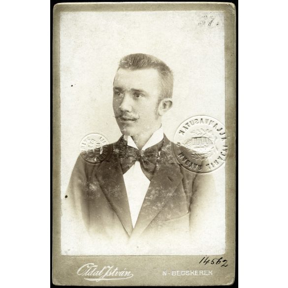Oldal István műterme, Nagybecskerek, Vajdaság, elegáns fiatal férfi, Weiner Henrik portréja, Torontáli Helyiérdekű Vasutak szárazbélyegzővel, vasúti igazolvány, aláírás, szignó, közlekedés, monarchia, 1900, 1900-as évek, Eredeti CDV, vizitkártya fotó