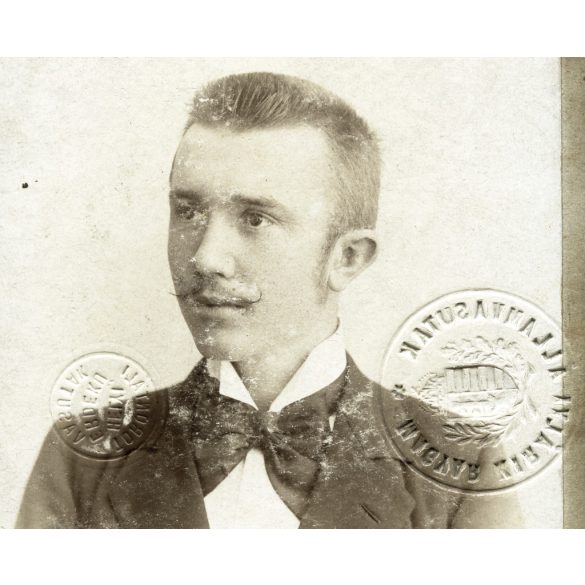 Oldal István műterme, Nagybecskerek, Vajdaság, elegáns fiatal férfi, Weiner Henrik portréja, Torontáli Helyiérdekű Vasutak szárazbélyegzővel, vasúti igazolvány, aláírás, szignó, közlekedés, monarchia, 1900, 1900-as évek, Eredeti CDV, vizitkártya fotó