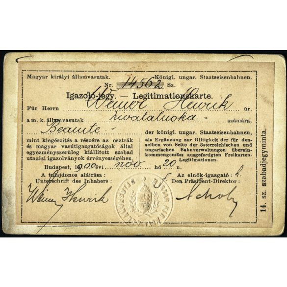 Oldal István műterme, Nagybecskerek, Vajdaság, elegáns fiatal férfi, Weiner Henrik portréja, Torontáli Helyiérdekű Vasutak szárazbélyegzővel, vasúti igazolvány, aláírás, szignó, közlekedés, monarchia, 1900, 1900-as évek, Eredeti CDV, vizitkártya fotó