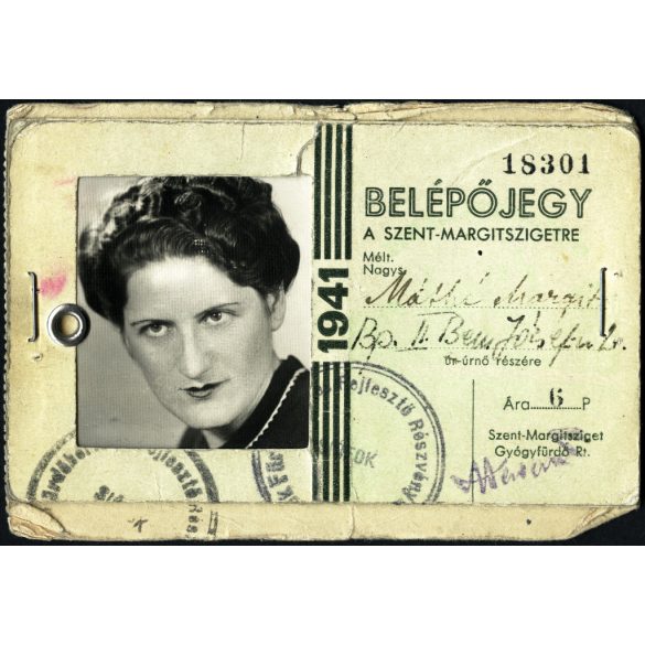 Belépőjegy a Szent-Margitszigetre, Szekrény bérletjegy Nagystrand Fürdő Siófok, Budapest, Siófok, arcképes igazolvány Máthé Margit részére, strand, Balaton, Horthy-korszak, 1940-es évek, Eredeti fotó, papírkép, dupla arcképes igazolvány.  