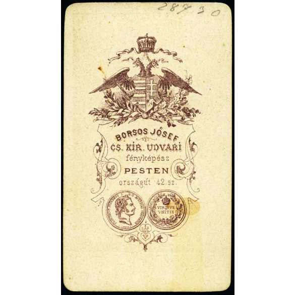 Borsos József műterme, Pest, elegáns fiatal férfi polgári ruhában, cilinder, sétapálca, monarchia, 1860-as évek, Eredeti CDV, vizitkártya fotó.   