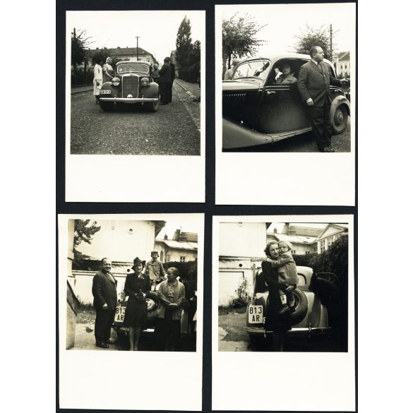 4 darab fotó, elegáns család Mercedes személygépkocsival, Kassa (?), Felvidék, autó zászlóval, AR-813 magyar rendszám, jármű, közlekedés, 2. világháború, 1940-es évek, Eredeti fotó,  papírkép.   