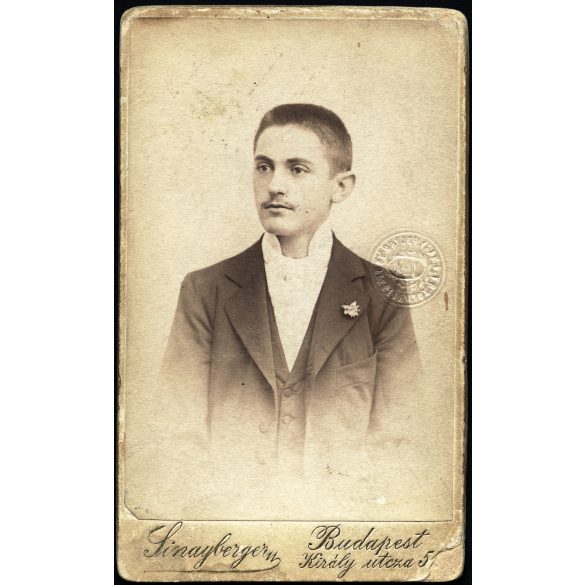 Sinayberger műterem, Budapest, MFTR Magyar (Királyi) Folyam- és Tengerhajózási RT, 36-os számú Igazoló-jegy Brügler Hugó részére, mélynyomó szárazbélyegzővel, közlekedés, monarchia, 1896 január, 1890-es évek, Eredeti CDV, vizitkártya fotó, igazolvány