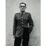 Szalay Sándor hadapród őrmester, katona, Budapest, egyenruha, szemüveg, 2. világháború, fiatal férfi, 1941, 1940-es évek, Horthy-korszak, Eredeti fotó, hátulján feliratozott papírkép.  