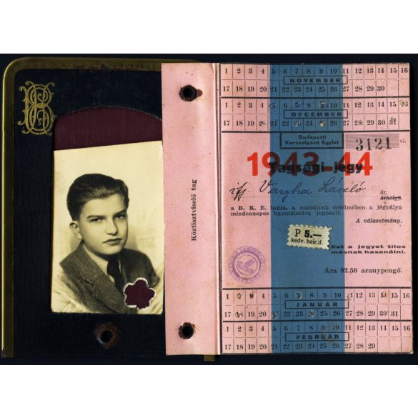 Budapesti Korcsolyázó Egylet Tagsági jegy, Budapest, arcképes igazolvány ifj. Vargha László részére, pecséttel, mélynyomó bélyegzővel jelzett, Horthy-korszak, 1943, 1940-es évek, Eredeti fotós igazolvány. 