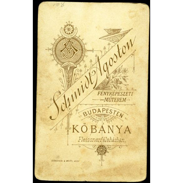 Schmidt Ágoston műterme, Kőbánya (Budapest) elegáns nő retusált portréja, medál, helytörténet, monarchia, 1890-es évek, Eredeti CDV, vizitkártya fotó.  