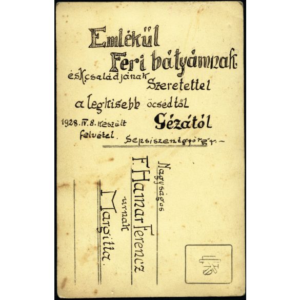 Gáll Béla műterme, Sepsiszentgyörgy (Tusnádfürdő ?), Erdély, elegáns bajuszos férfi, F. Hamar Géza portréja, 1928, 1920-as évek, Horthy-korszak, helytörténet. Eredeti fotó, jelzett, szignózott, aláírt papírkép, hátulján feliratozott.   