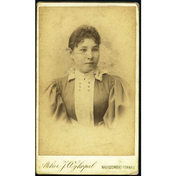 Wykopal műterem, Nagyszombat, Felvidék, (Tyrnau), elegáns nő gyönyörű ruhában, helytörténet, monarchia, 1880-as évek, Eredeti CDV, vizitkártya fotó.  