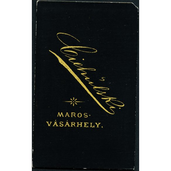 Ciehulski Péter műterme, Marosvásárhely, Erdély, karcsú elegáns nő portréja, derékban retusált fotó, monarchia, 1880-as évek, Eredeti CDV, vizitkártya fotó gyönyörű hátlappal, sarka törött.  