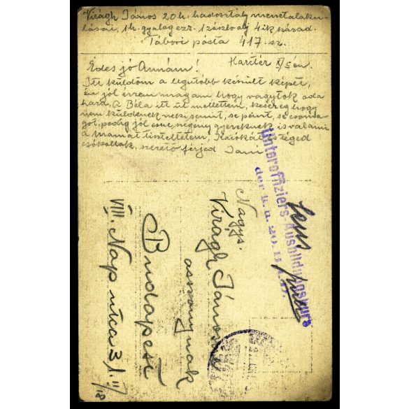 Tábori posta 417, Virágh János (1. honvéd gyalogezred), levelet ír feleségének a harctéri folyóparton, egyenruha, 1. világháború, katona, monarchia, 1917. X. 5., 1910-es évek, Eredeti fotó, papírkép, hátulján feliratozott Tábori posta. 