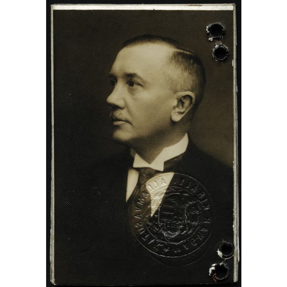Ismeretlen műterem, dr. Weiner Henrik főfelügyelő Személyazonossági igazolójegye, Magyar Királyi Államvasutak, bajusz, férfi, mélynyomó pecsét, közlekedés, Horthy-korszak, 1920-as évek, Eredeti CDV, vizitkártya fotó, hátoldalon ragasztott vasúti igaz