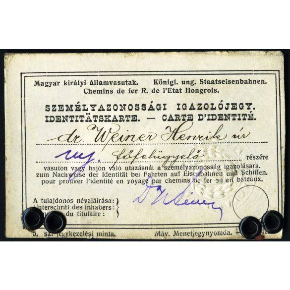 Ismeretlen műterem, dr. Weiner Henrik főfelügyelő Személyazonossági igazolójegye, Magyar Királyi Államvasutak, bajusz, férfi, mélynyomó pecsét, közlekedés, Horthy-korszak, 1920-as évek, Eredeti CDV, vizitkártya fotó, hátoldalon ragasztott vasúti igaz