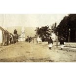 Főutca ruszin parasztokkal, Szolyva, Kárpátalja, templom, 1900-as évek, monarchia, helytörténet, Eredeti fotó,  papírkép, középen szakadás, hátulja foltos.   