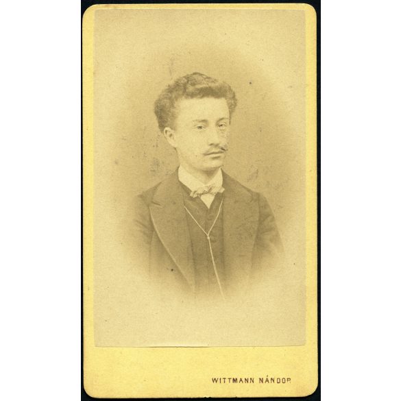 Wittmann Nándor műterme (hátoldalon Wittmann Ferdinánd felirat, ritka), Komárom,  (Komorn), elegáns fiatal férfi bajusszal, monarchia, 1870-es évek, Eredeti CDV, vizitkártya fotó.  