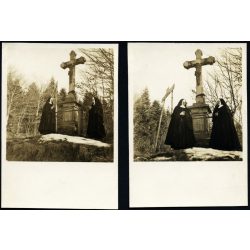   2 darab fotó, apácák egy kőkeresztnél, Felsőtőkés (Vyšný Klátov), Felvidék, Kassa környéke, Otilia menház feliratú tábla, egyház, vallás, Horthy-korszak, 1930-as évek, helytörténet, Eredeti fotó,  papírkép. 