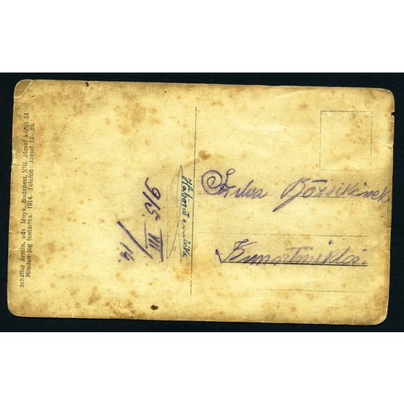 Schaffer Ármin fényképész, Budapest, magyar katonák puskákkal, egyenruha, szemüveg, Kunszentmiklósra címezve, 1. világháború, monarchia, 1915, 1910-es évek, helytörténet, Eredeti fotó, hátulján feliratozott  papírkép.