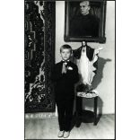 Kapitány foto, Szekszárd, elsőáldozó fiú, ünneplő ruhában, egyház, vallás, 1960-as évek, szocializmus, Eredeti fotó, hátulján pecséttel jelzett papírkép.  