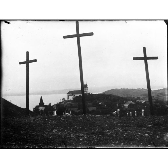 Fotó üvegnegatív! Tihany látképe a kálváriáról, Balaton, apátság, Horthy-korszak, 1920-as évek, helytörténet,  Eredeti nagyobb méretű fotó negatív, üvegnegatív!