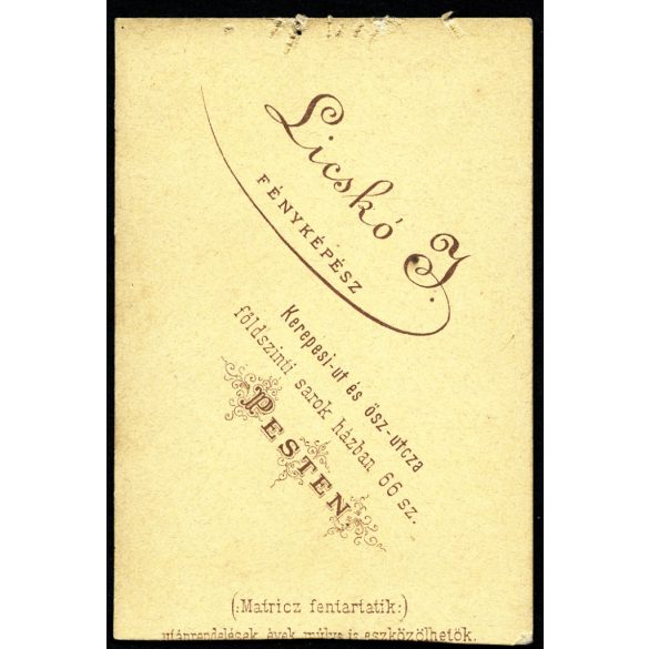 Licskó János műterme, Pest (Budapest), elegáns kislány virágokkal, monarchia, 1860-as évek, Eredeti CDV, vizitkártya fotó, alja vágott.  