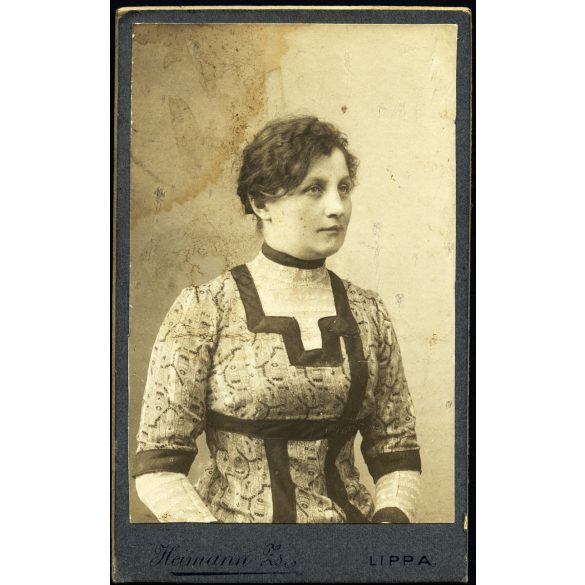 Heimann Zsigmond műterme, Lippa, Erdély, elegáns nő modern ruhában, Raphanidesz Ernőné (sz. Hibben Zsuzsanna), monarchia, 1890-es évek, Eredeti CDV, hátulján feliratozott vizitkártya.  