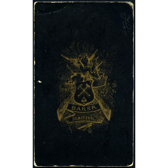Baker Alajos műterme, Selmecbánya, Felvidék, Hibbján János erdőmérnök hallgató, fiatal szakállas férfi különös nyakkendőben, monarchia, 1880-as évek, Eredeti CDV, hátulján feliratozott vizitkártya.   