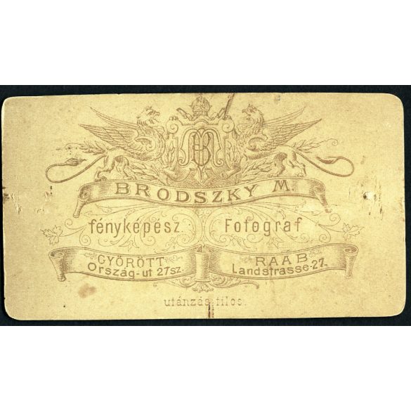 Brodszky Miklós műterme, Győr, elegáns bajuszos férfi portréja, monarchia, 1880-as évek, Eredeti CDV, vizitkártya fotó.   méret megközelítőleg (centiméterben): 6 x 10.5  Használt! Eredeti nagyítás! Nem reprint, nem másolat. 