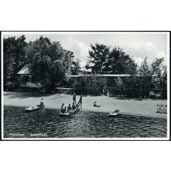   Goldstein Adolf kiadása, Tiszafüred, a strandfürdő csónakokkal, fürdőruha, nyaralás, helytörténet, Horthy-korszak, 1930-as évek. Eredeti képeslap fotó, papírkép.  