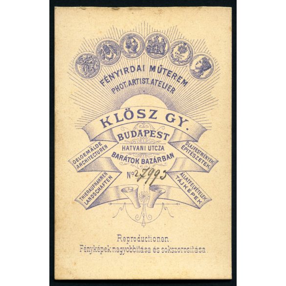 Klösz György műterme, Budapest, elegáns bajuszos férfi portréja, monarchia, 1870-es évek, Eredeti CDV, vizitkártya fotó.  